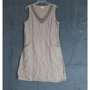 Lina Tomei Dress Large Taupe Linen Beaded Stretch Knit Career Sustainable Italy